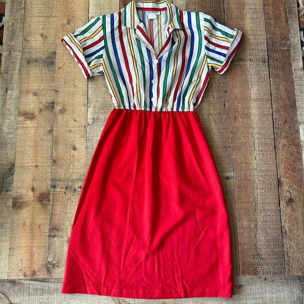 Vintage Womens Short Rolled Sleeve Stripped Color Block Half Button Midi Dress